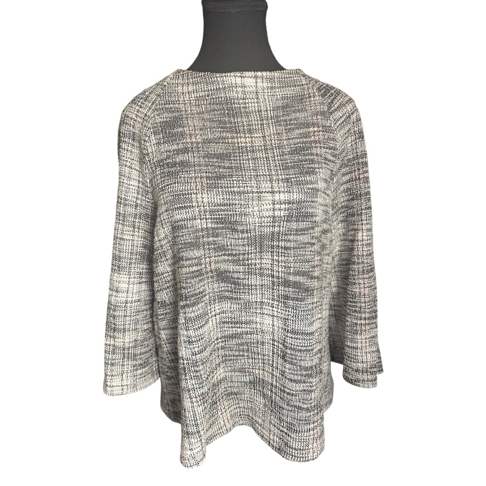 W5 Women's Size L Tweed Plaid 3/4 Sleeve Pullover Top light gray pale pink black